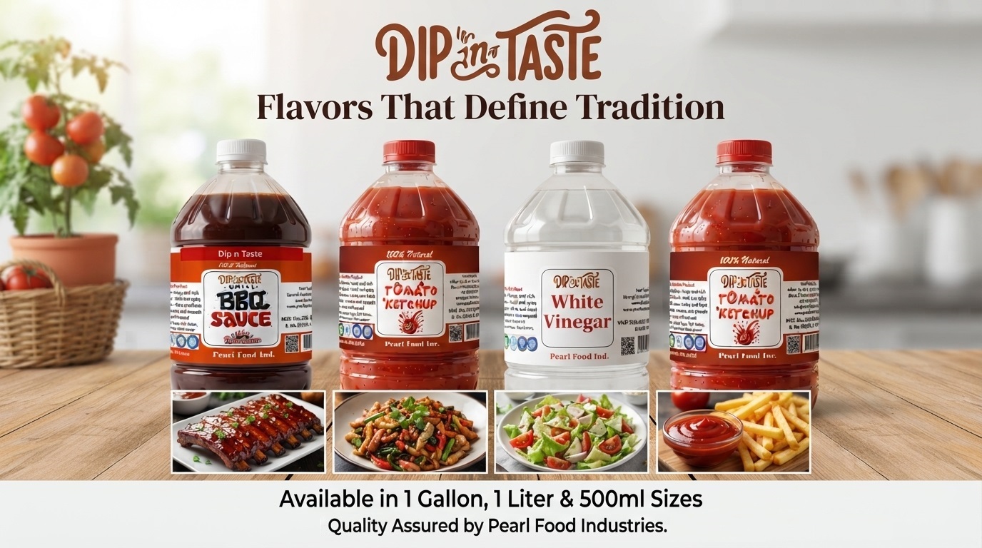 Dip N Taste BBQ Sauce, Tomato Ketchup and White Vinegar bottles with food
